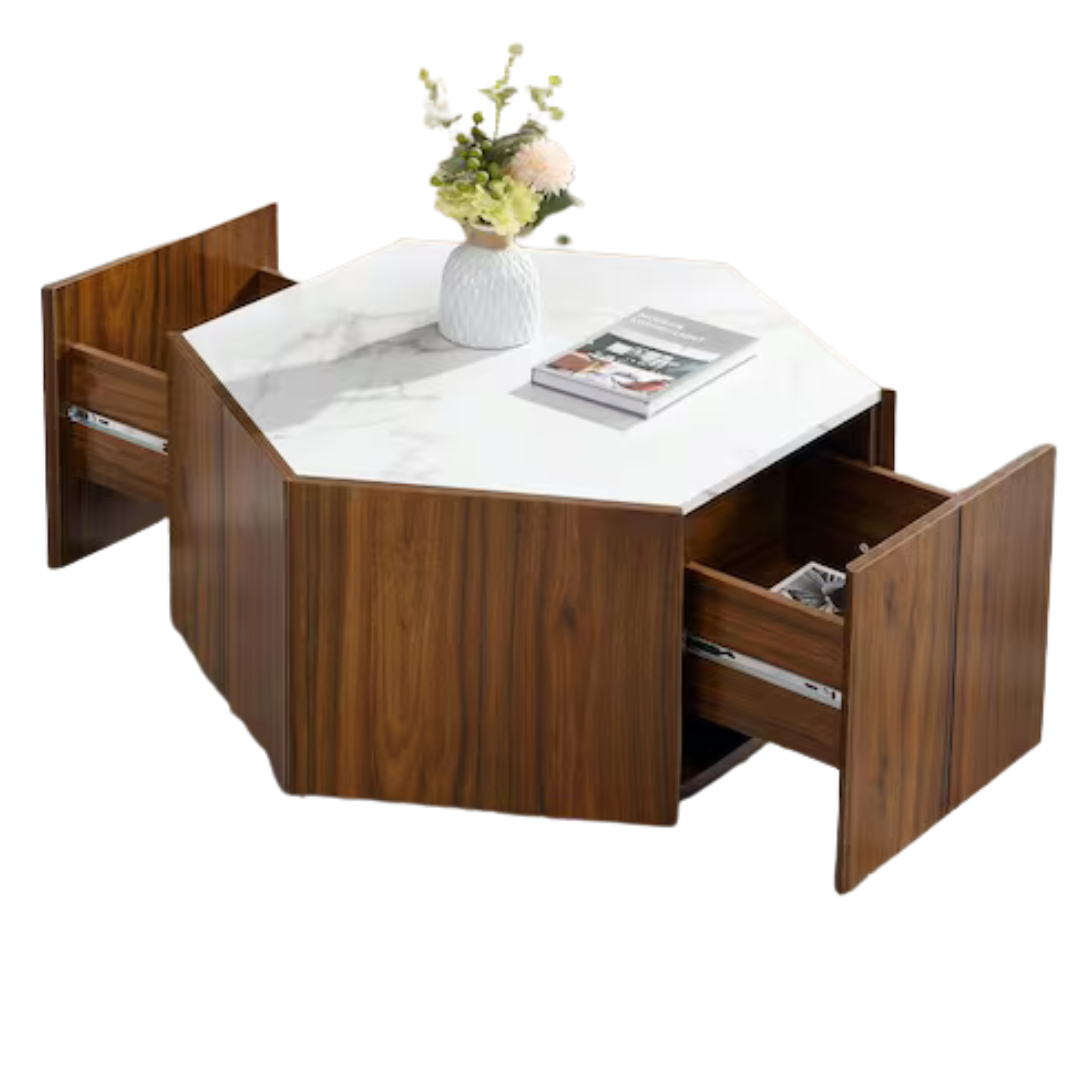 31.5" Walnut And White Hexagon Faux Marble MDF Top Coffee Table