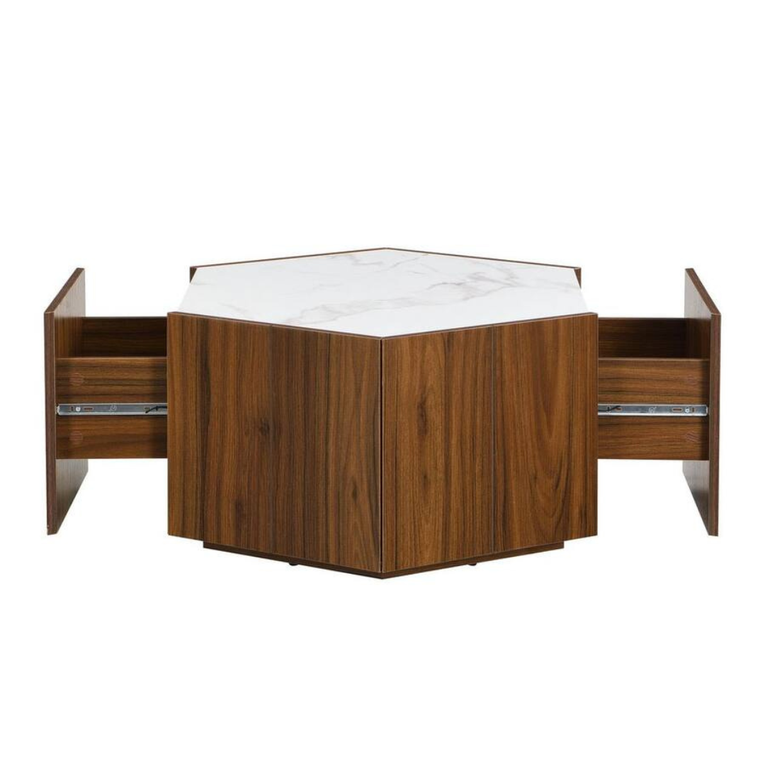 31.5" Walnut And White Hexagon Faux Marble MDF Top Coffee Table