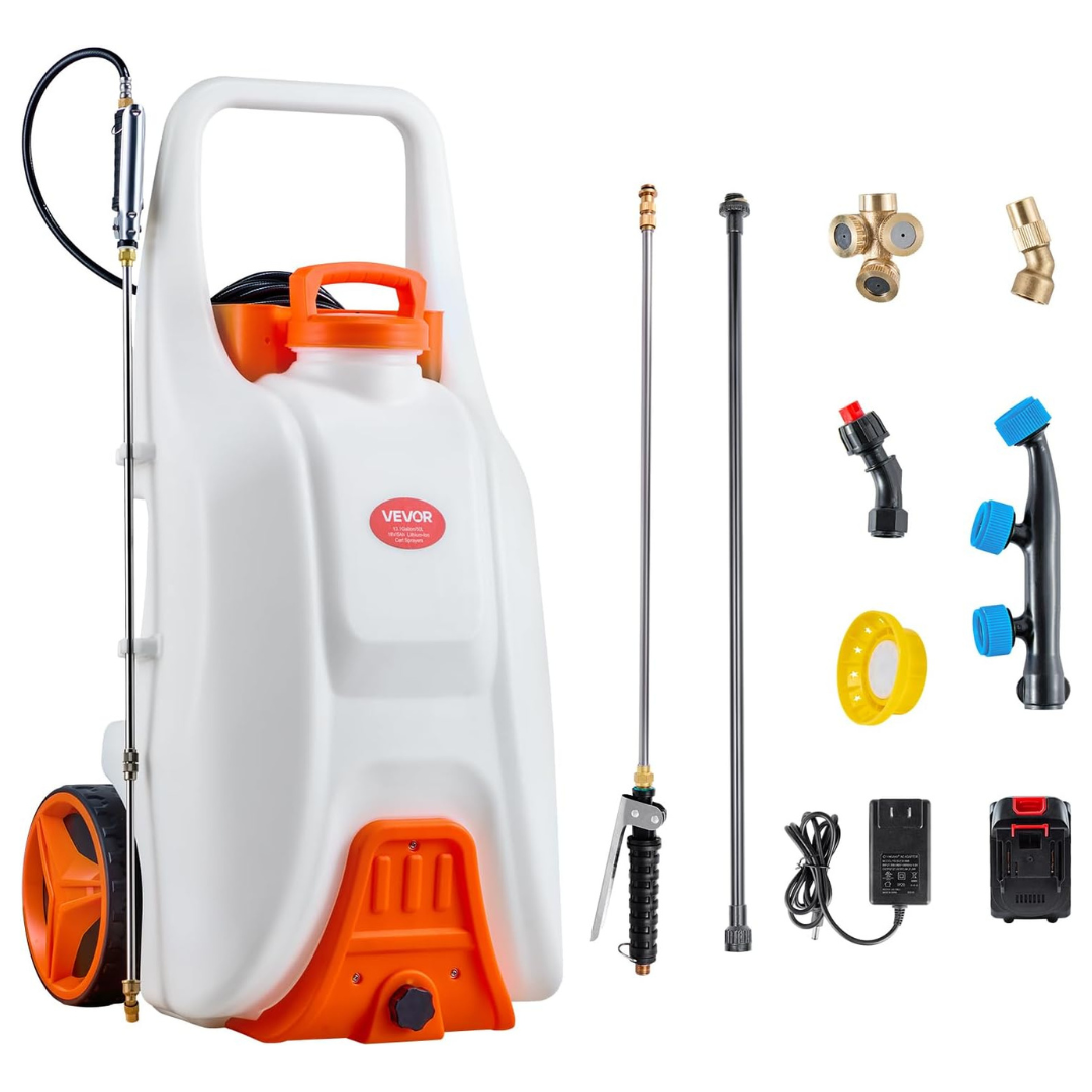 13.1-Gal Vevor Battery Powered Wheeled Sprayer W/ 5 Nozzles & 98ft Hose
