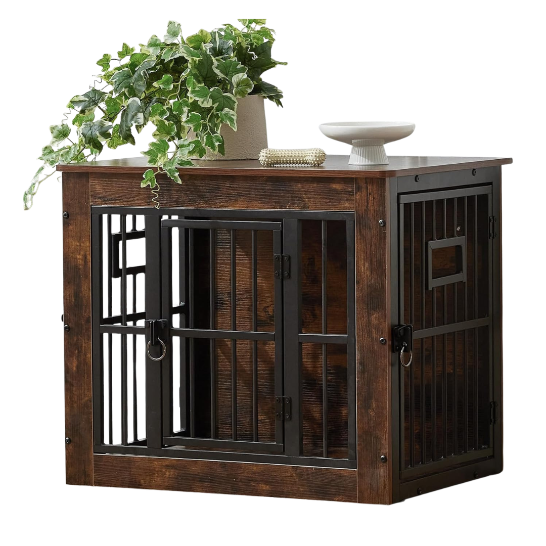 27" Heavy-Duty Wooden Dog Crate Furniture With 3 Doors
