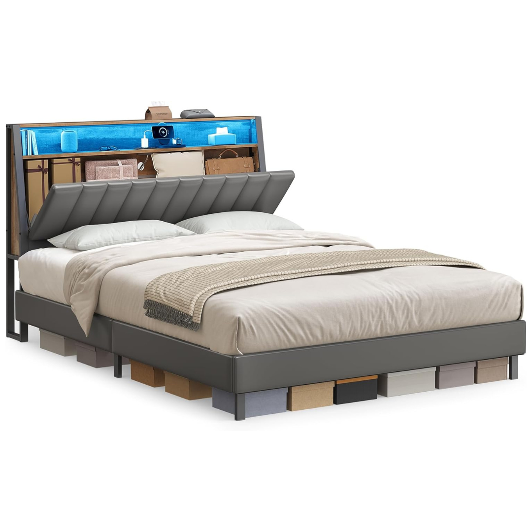 Vasagle Queen LED Bed Frame with Storage Headboard & Charging Station