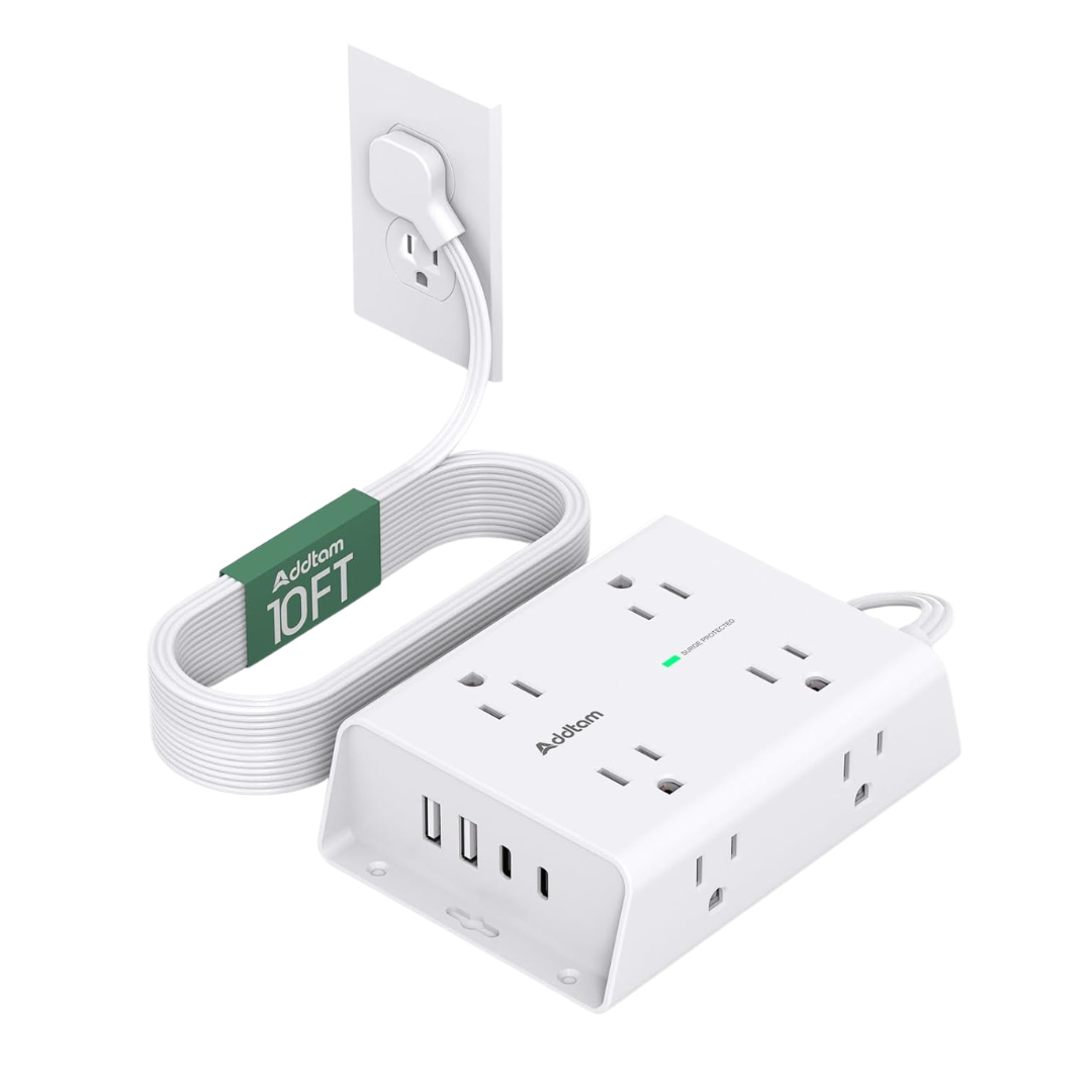 10ft Flat Plug Extension Cord With Surge Protector
