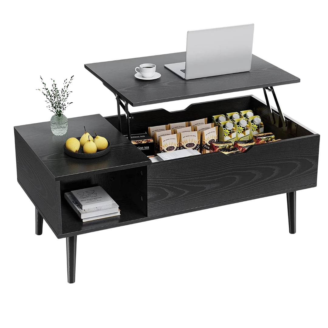 Wooden Lift Top Coffee Table With Hidden Compartments & Adjustable Shelves