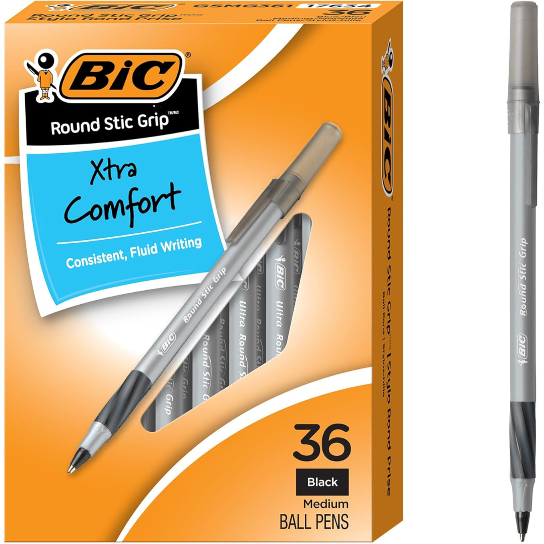 36-Count BIC Round Stic Grip Xtra Comfort Black Ballpoint Pens