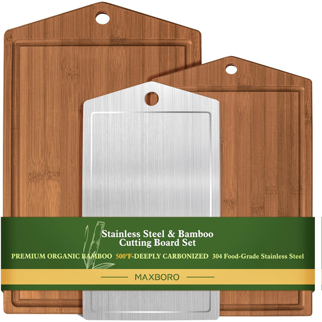 3-Piece Maxboro Double Sided Bamboo Cutting Board Set
