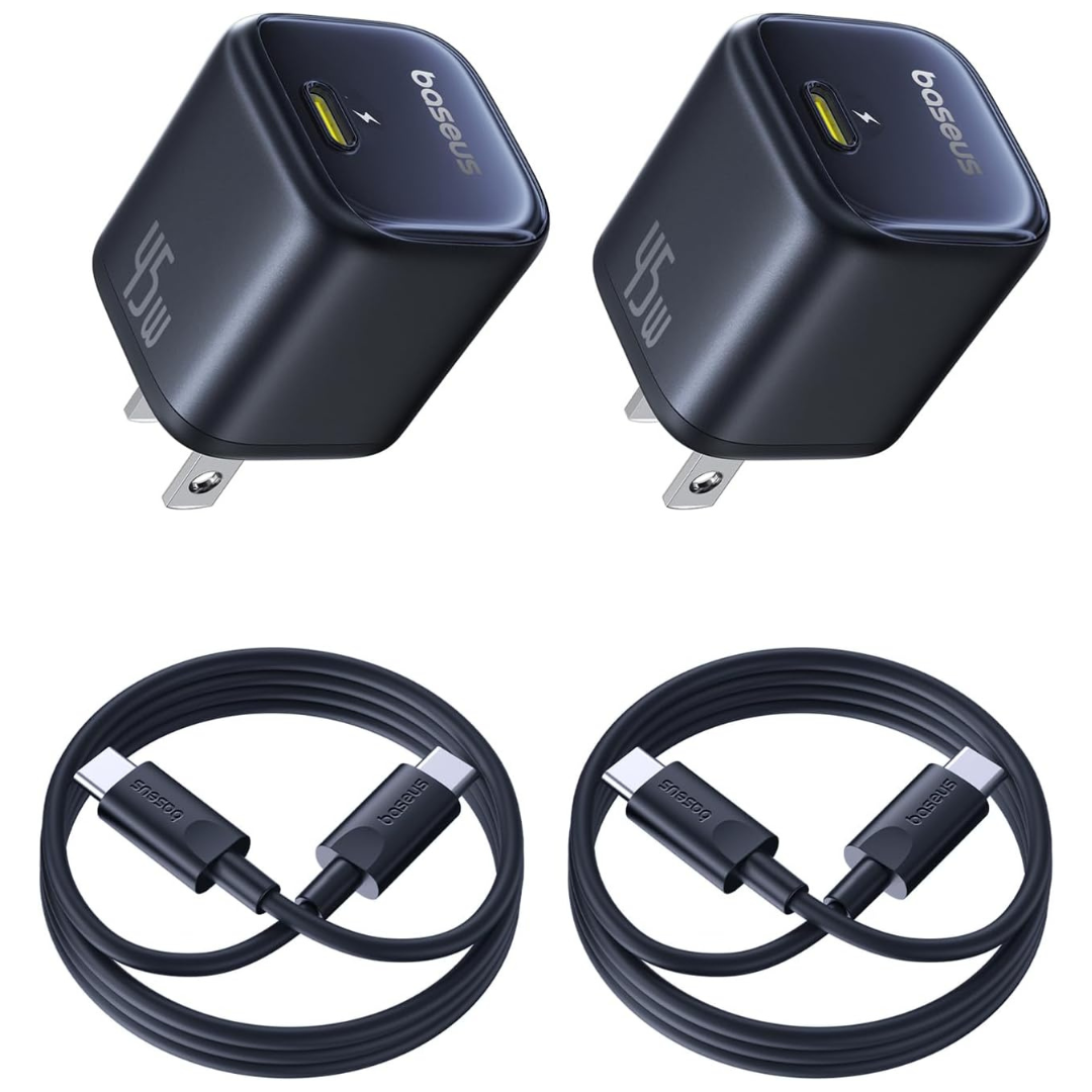 2-Pack 45W Baseus USB-C GaN6 Fast Wall Charger w/USB-C Cables