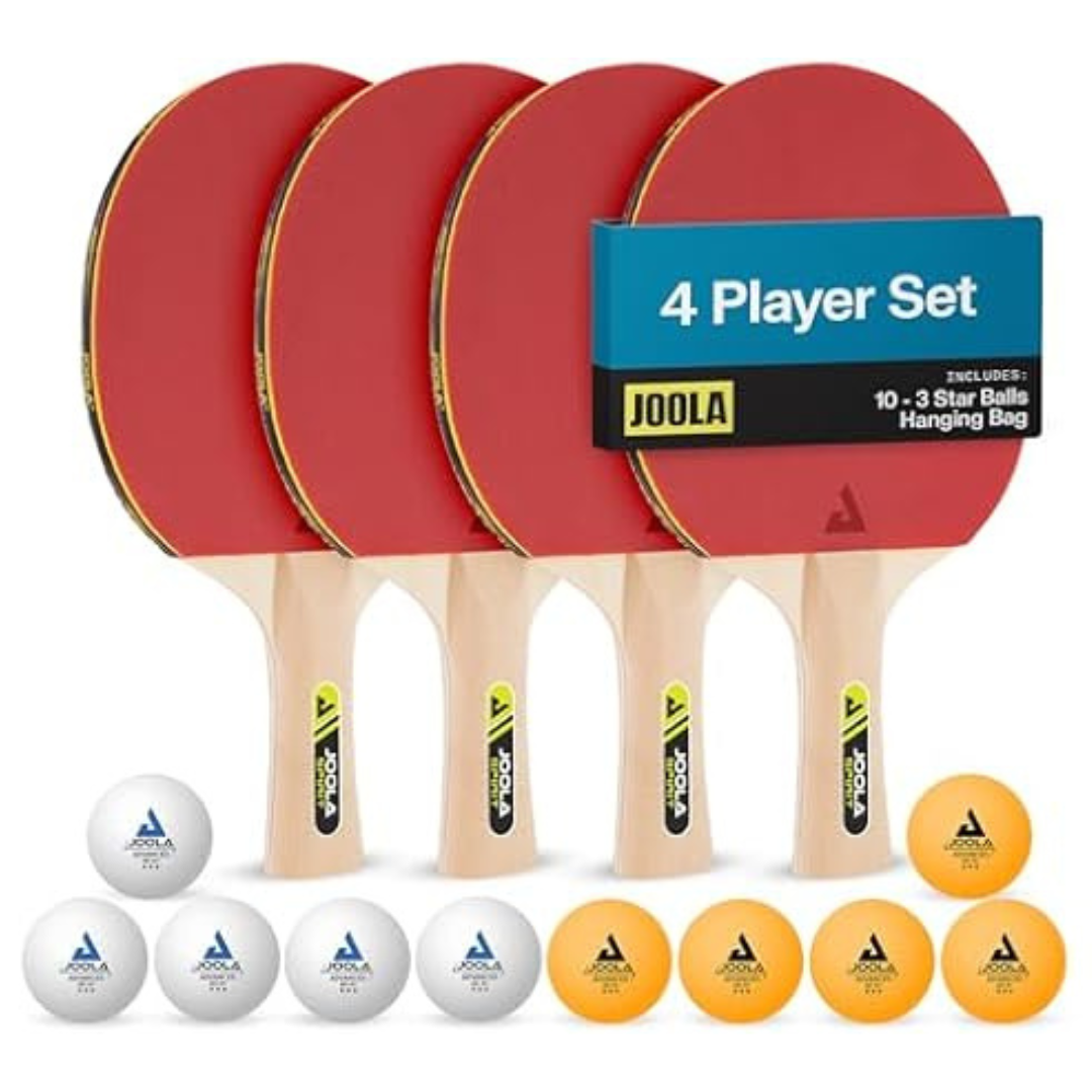 Set of 4 JOOLA Family Premium Ping Pong Paddle with Balls & Case