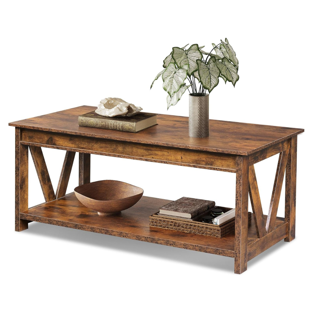 43'' Wood Farmhouse Coffee Table With Storage Shelf
