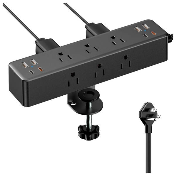 10FT Acozvin Flat Plug Desk Clamp Power Strip w/ 4 USB Ports
