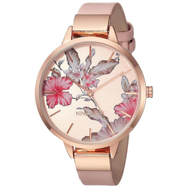 Nine West Women's Floral Leather Strap Watch