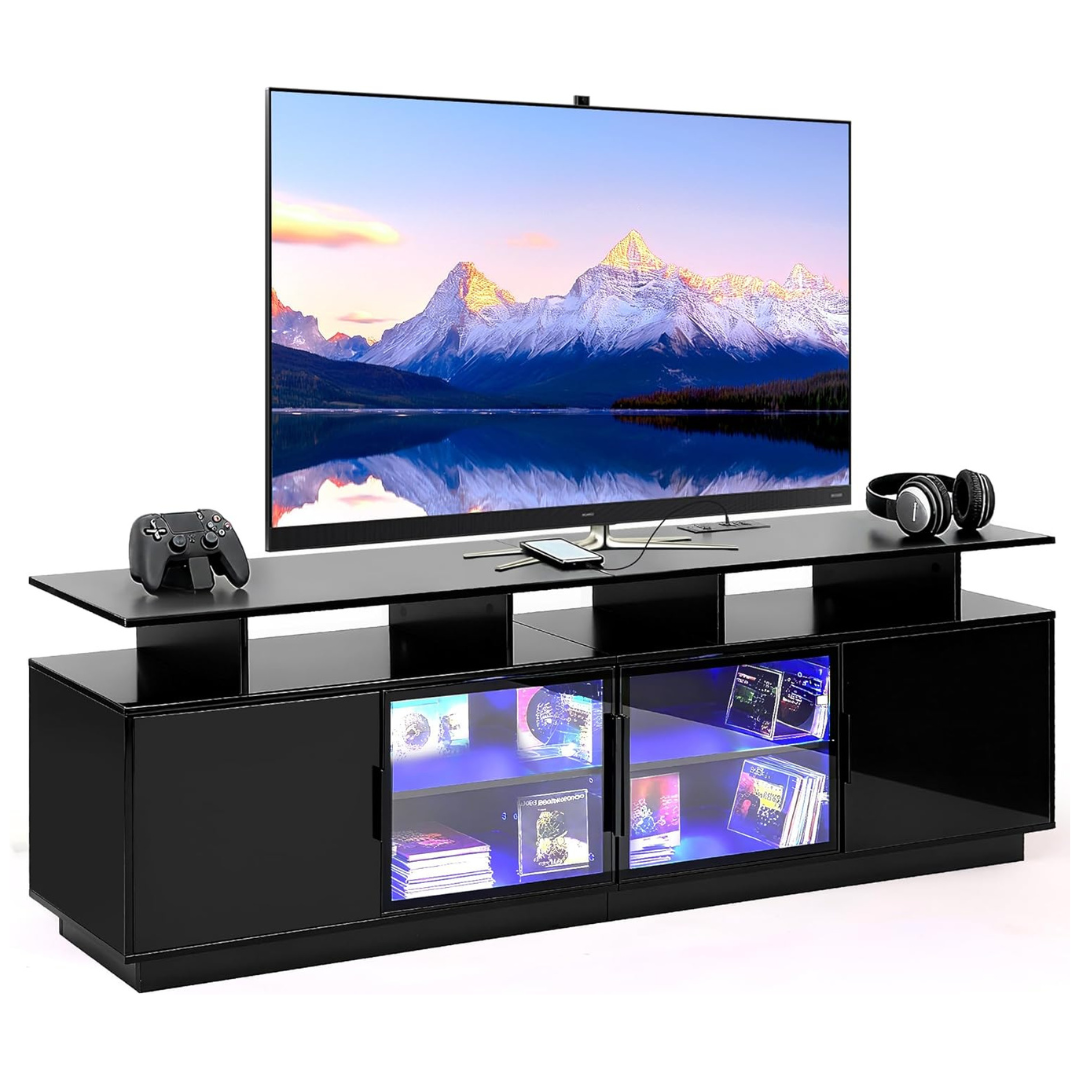 70" Black Large Storage Space TV Stand with LED Lights