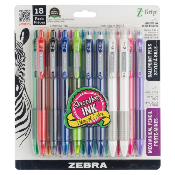 18-Pack Zebra Pen Z-Grip Retractable Ballpoint Pen & Mechanical Pencil Set