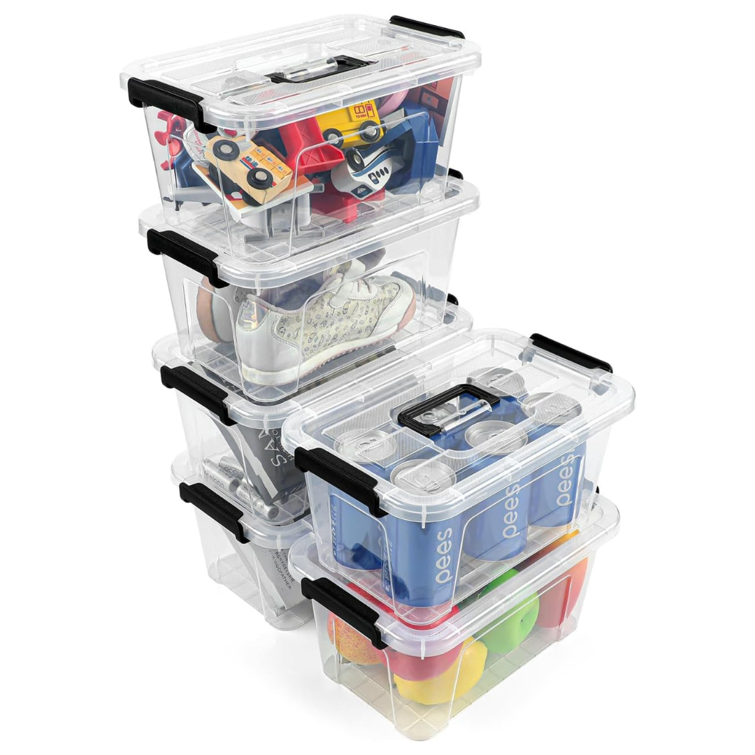 6-Piece 7-Qt Stackable Plastic Storage Bins W/ Buckle Lids & Handle