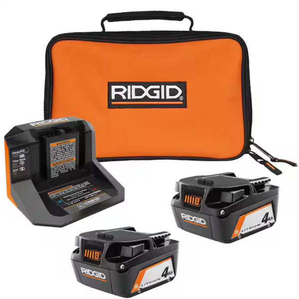 2-Count Ridgid 4.0Ah Lithium Ion Battery Starter Kit With Charger & Bag
