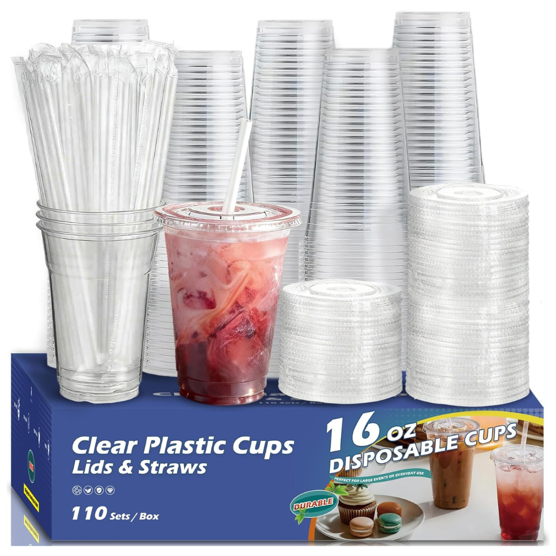 110-Pack 16oz Clear Plastic Cups with Lids & Straws