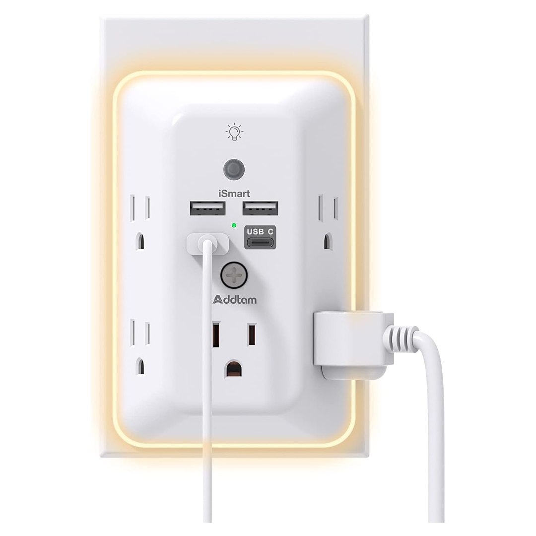 Addtam 5-Outlet USB Wall Charger Power Strip With Night Light