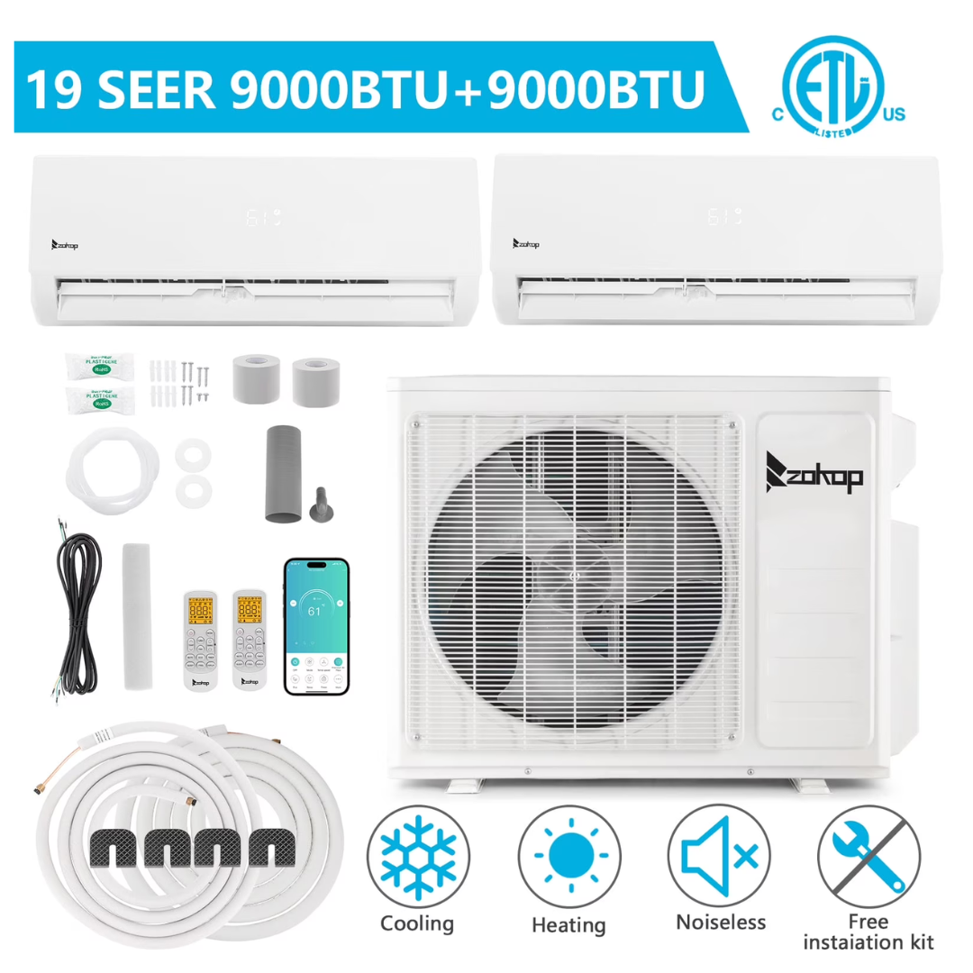 Ktaxon 2 Zone 9000 + 9000 BTU WIFI Mini Split AC/Heating System