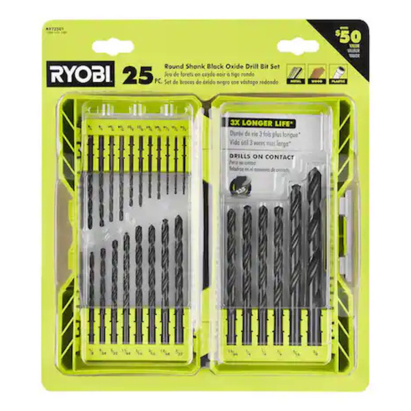 25-Piece RYOBI Black Oxide Round Shank Twist Drill Bit Set