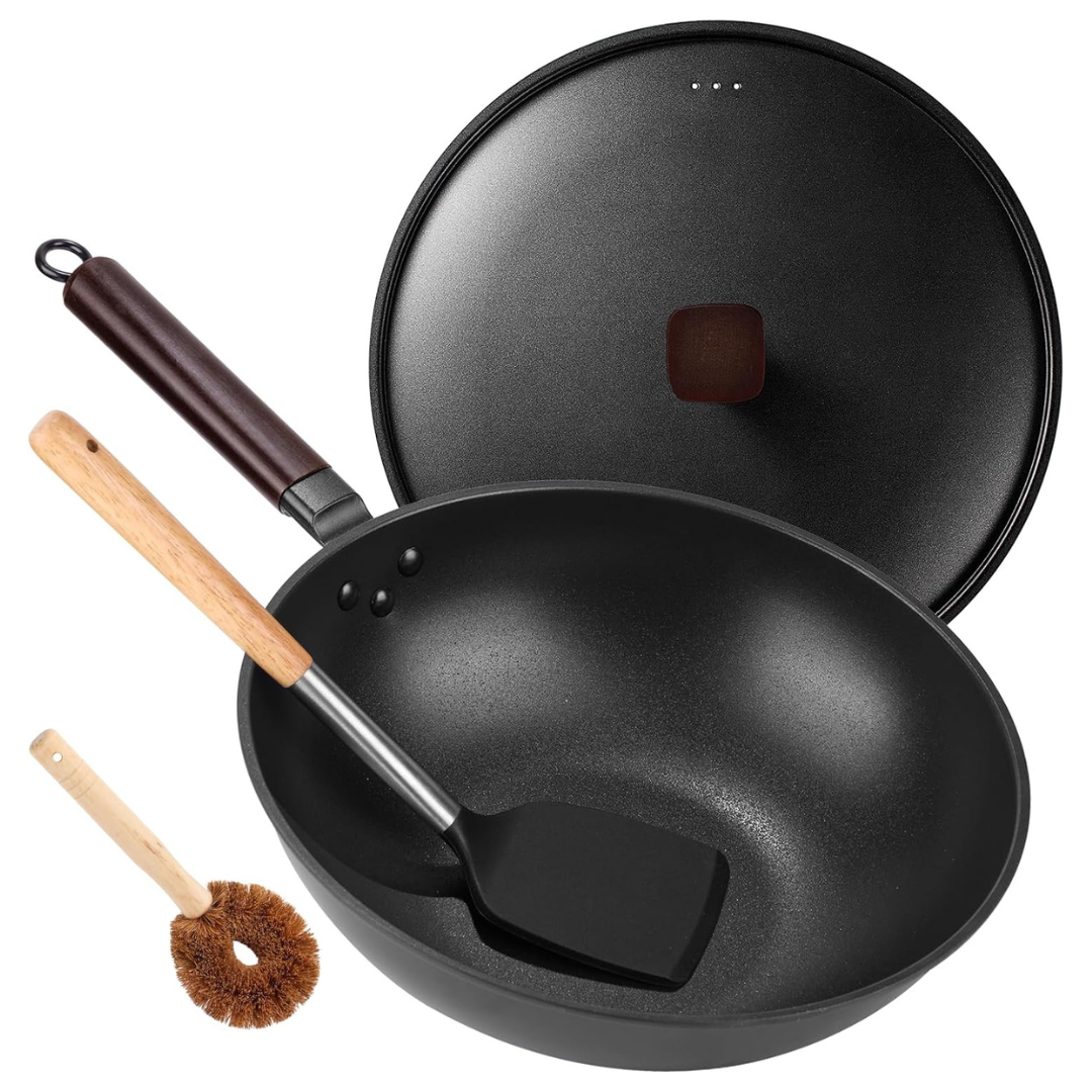 Teewe Carbon Steel 13" Nonstick Wok Pan With Glass Lid