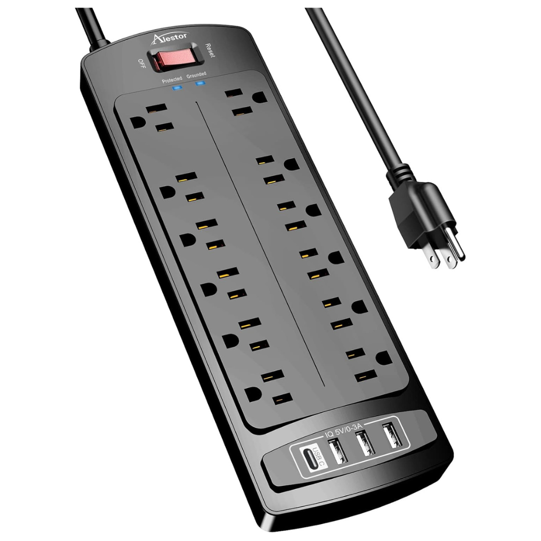 Alestor 12-Outlet 4-USB 6ft Extension Cord Surge Protector