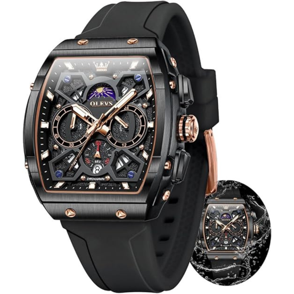 Men's Rubber Moon Phase Date Waterproof Fashion Watch