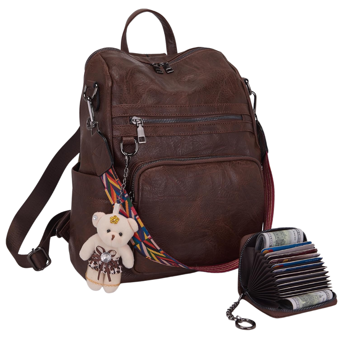 Women's Fashion PU Leather Backpack With Card Case