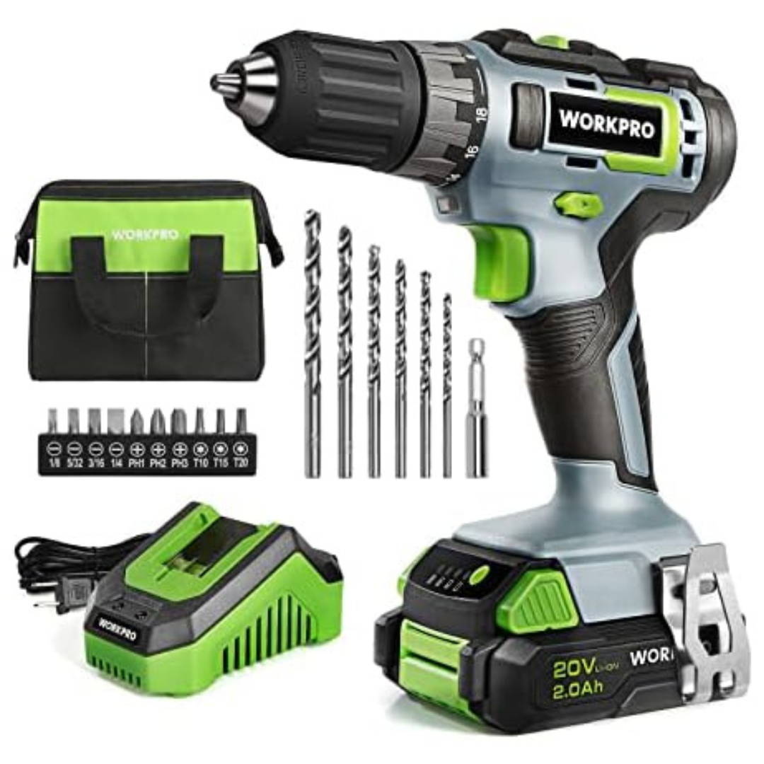 Workpro 20V 3/8'' Keyless Chuck Cordless Drill Driver Kit