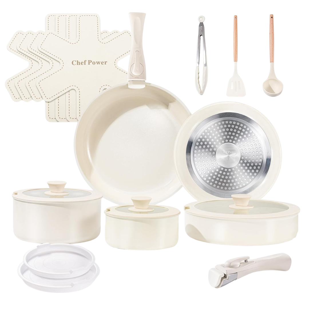 19-Piece Chef Power Ceramic Cookware Set With Detachable Handles