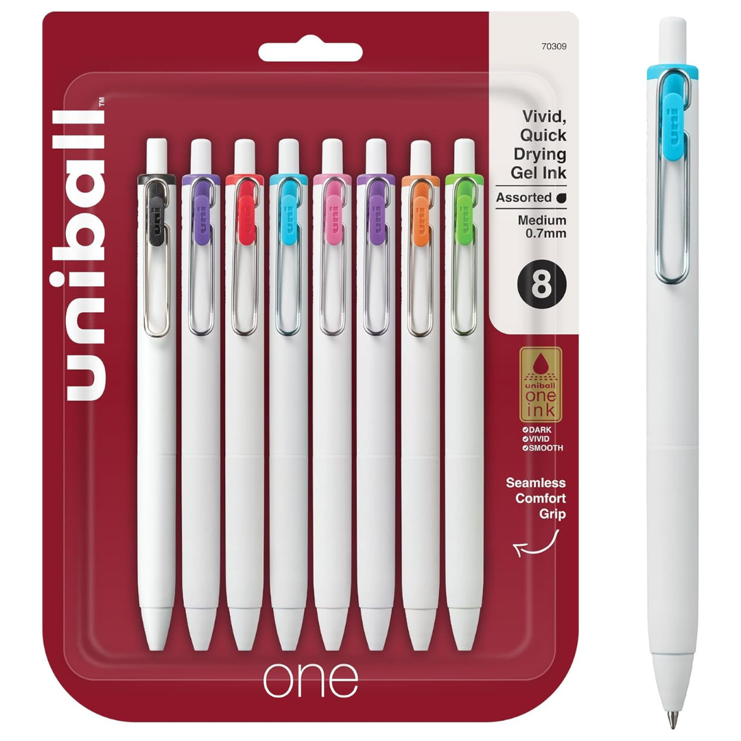 8-Pack uniball one Retractable Gel Pens (Medium Point, 0.7mm, Assorted Ink)