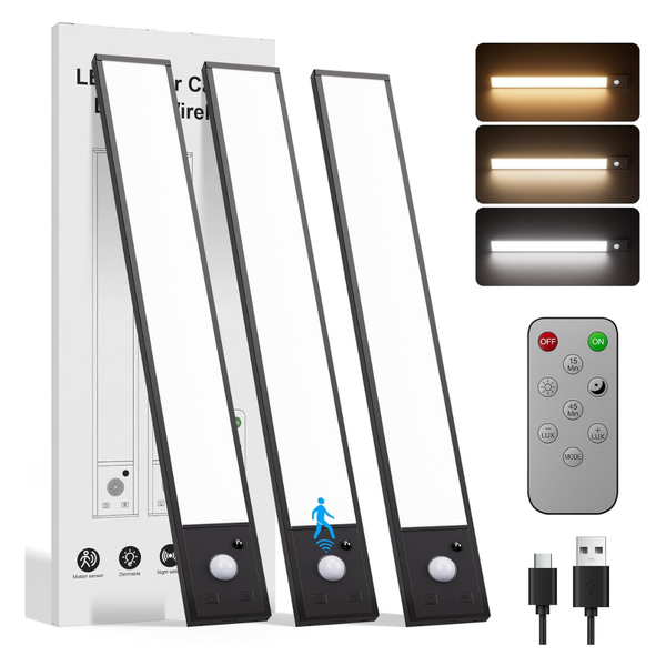 3-Pack 12" 3 Color Rechargeable Motion Sensor Under Cabinet Light (Various)