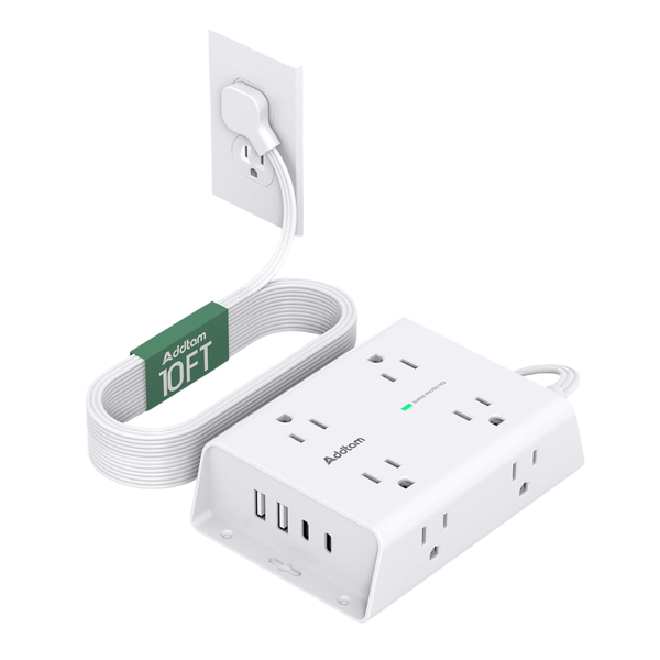 10ft Flat Plug Extension Cord With Surge Protector