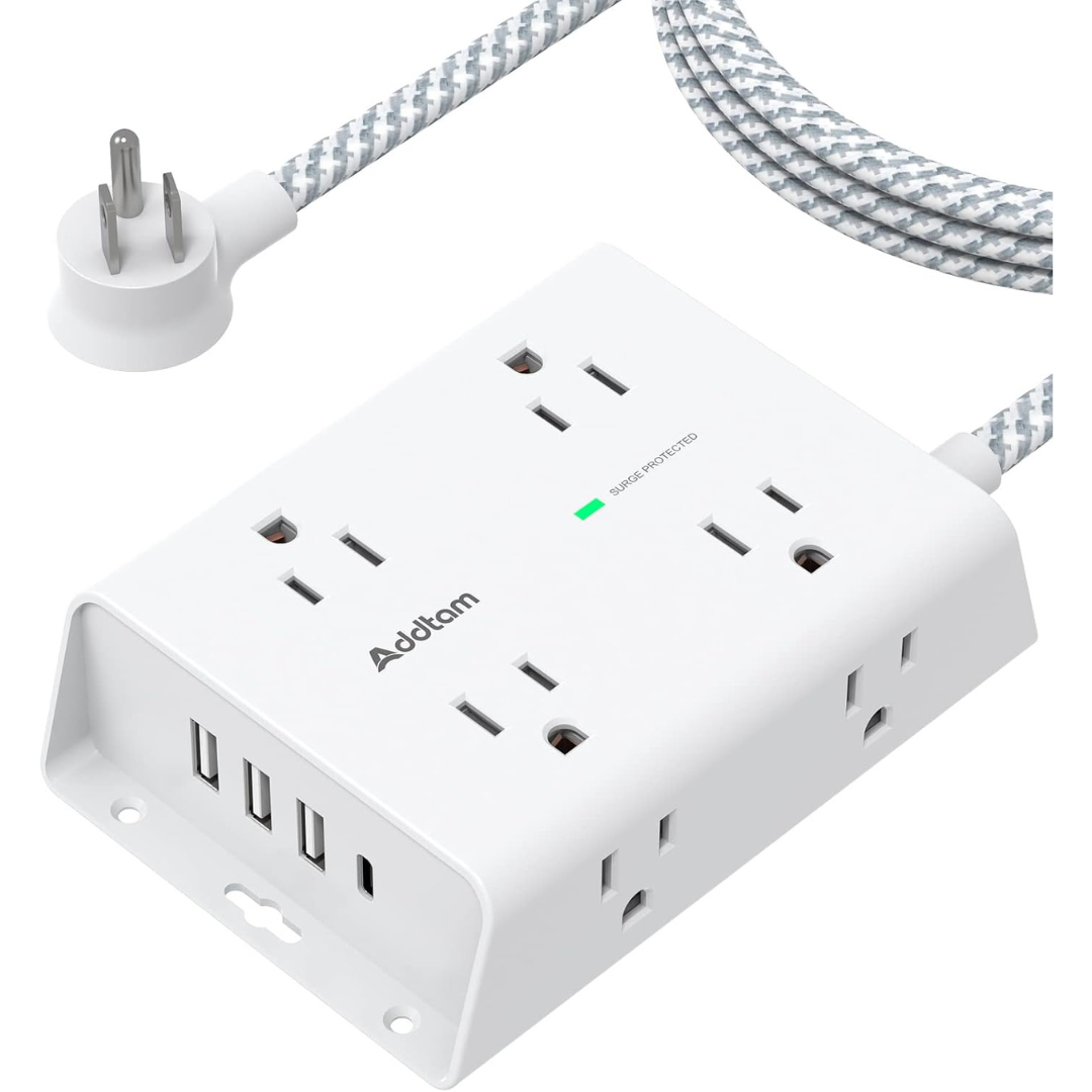 Addtam 8-Outlet Power Strip W/ 3 USB-A & 1 USB-C Ports, Flat Plug