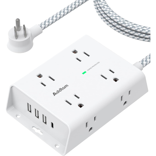 Addtam 8-Outlet Power Strip W/ 3 USB-A & 1 USB-C Ports, Flat Plug