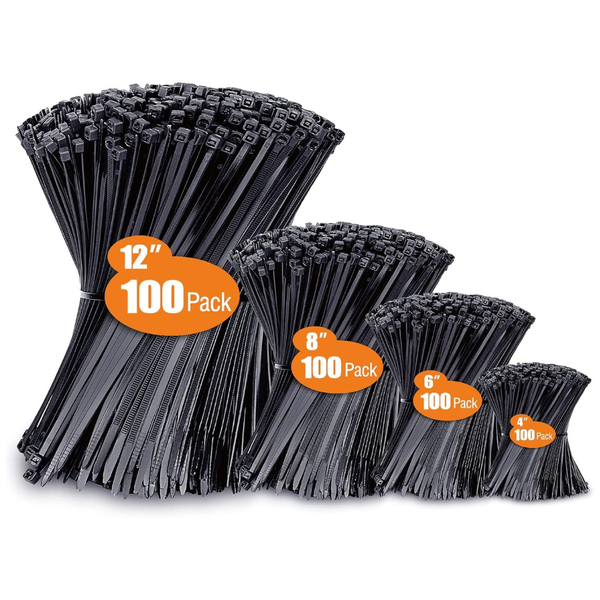 400-Pack Assorted Sizes UV Resistant Zip Wire Ties (Black)