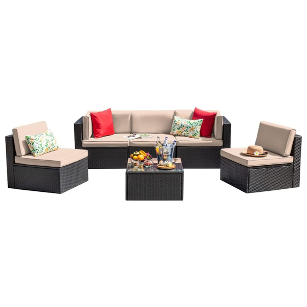 6-Piece Patio Furniture Sets With Glass Table And Cushion