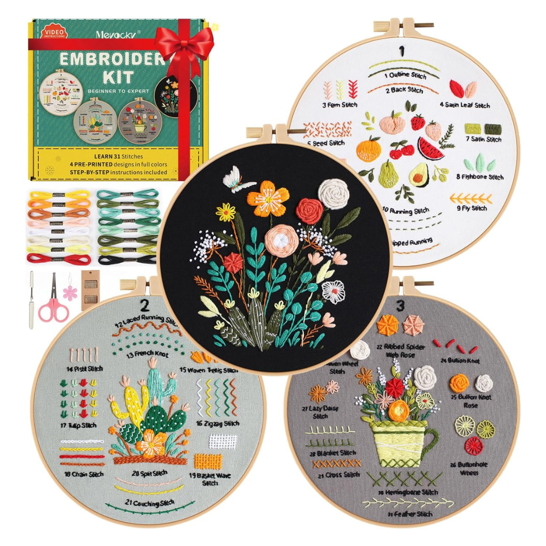 4-Pack Meyocky Beginner Embroidery Kit With 31 Stitches