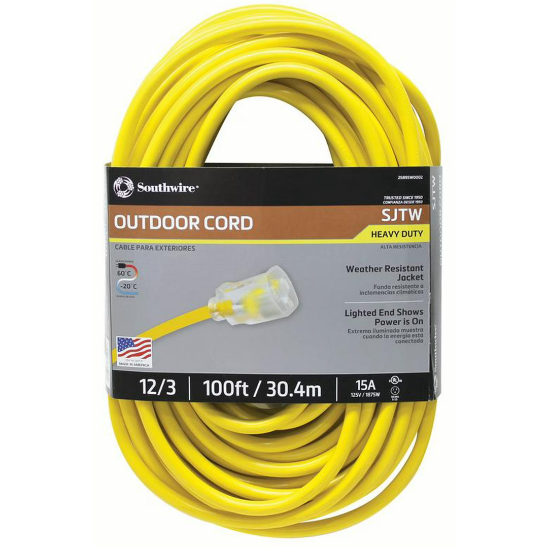100ft Southwire Outdoor 12/3 SJTW Heavy Duty 15-Amp Extension Cord
