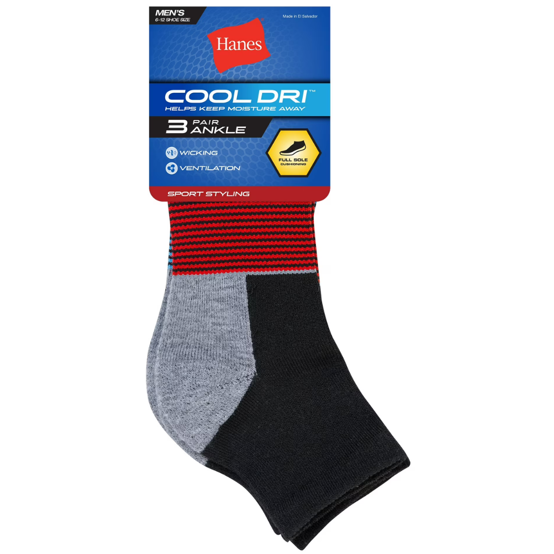 3-Pairs Hanes Cool DRI Men's Ankle Socks With Ventilation (Black)