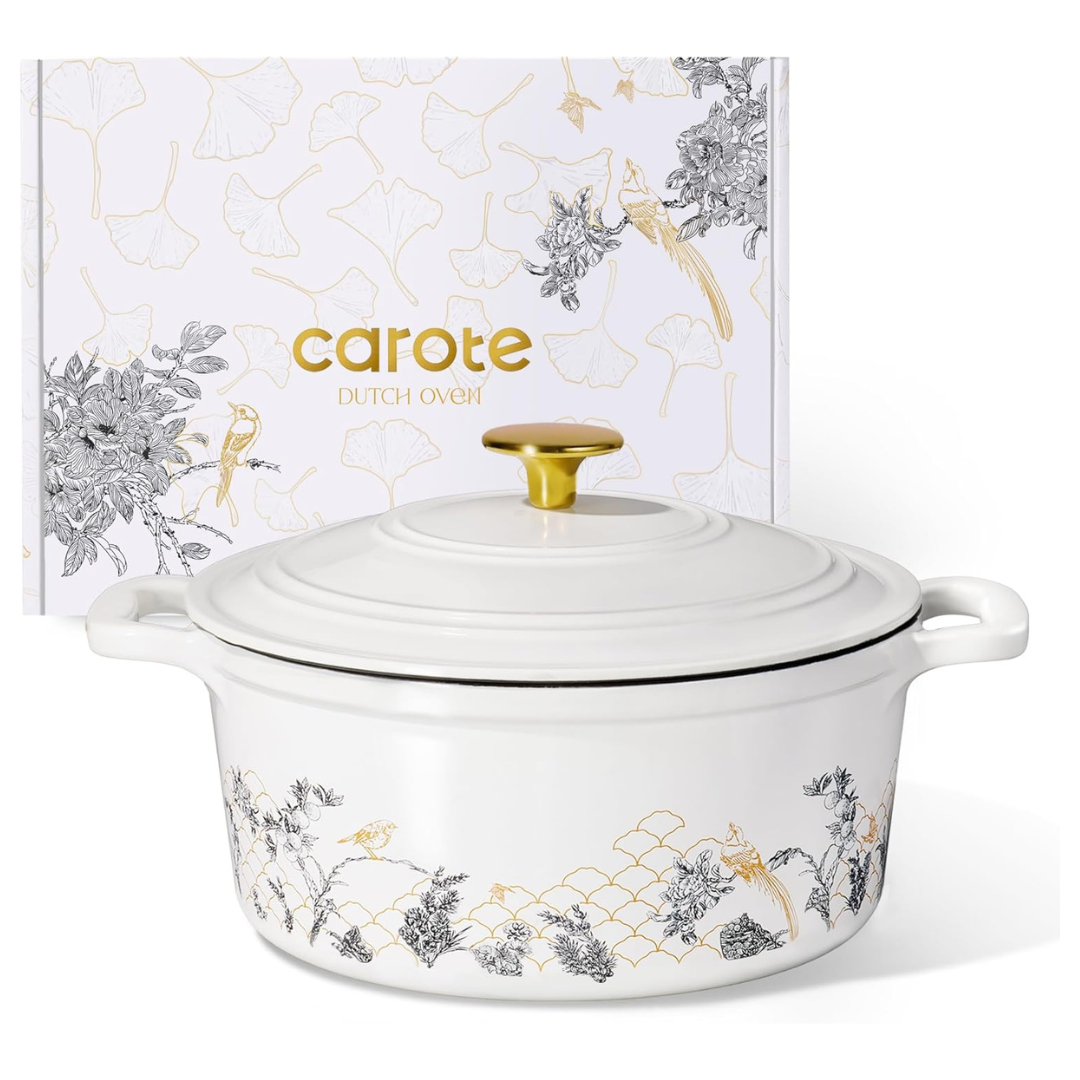 5-Qt Carote Cast Iron Enameled Floral Dutch Oven Pot W/ Lid (2 Colors)