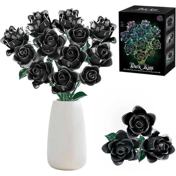 585-Pieces Black Rose Flower Building Blocks With Adjustable Stems