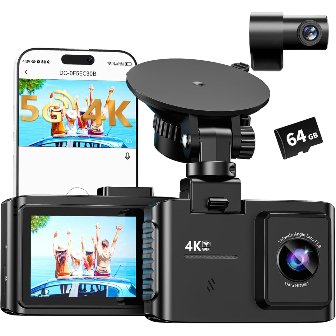 4K Front & 1080p Rear 5GHz WiFi Dual Dash Cam With 64GB Card