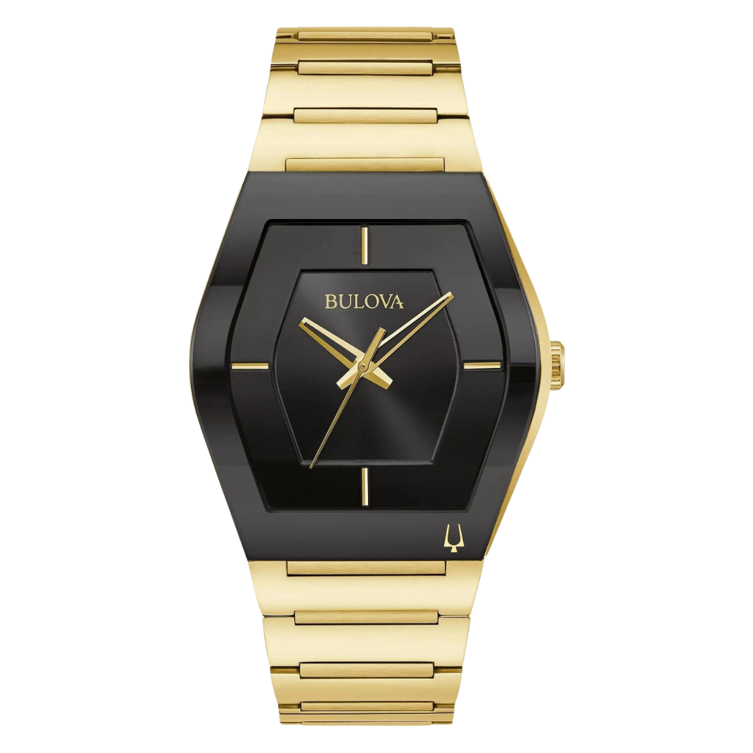 Bulova Men's Modern Gemini 3 Hand Gold Stainless Steel Black Dial Watch [Refurbished]