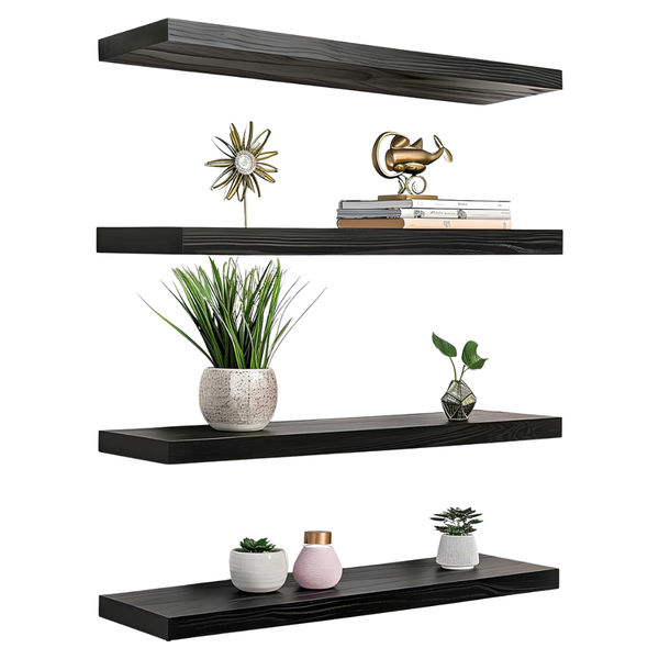 Set Of 4 Wall Rustic Black Wood Floating Shelves