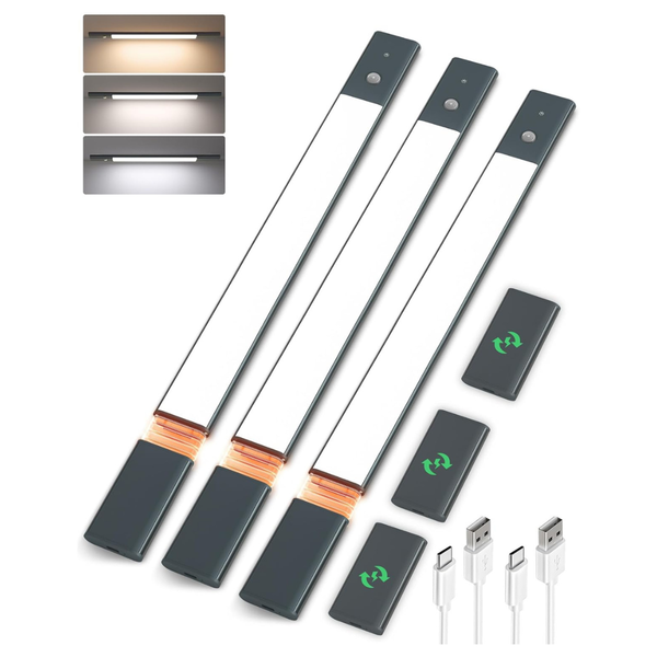 3-Pk Wireless Rechargeable Motion Sensor Under Cabinet Lights W/ 3 Extra Batteries