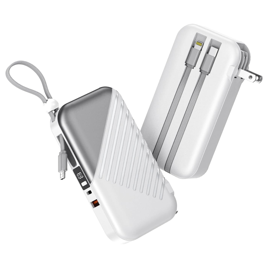 10000mAh Portable USB C 27W Power Bank With Built in Cable