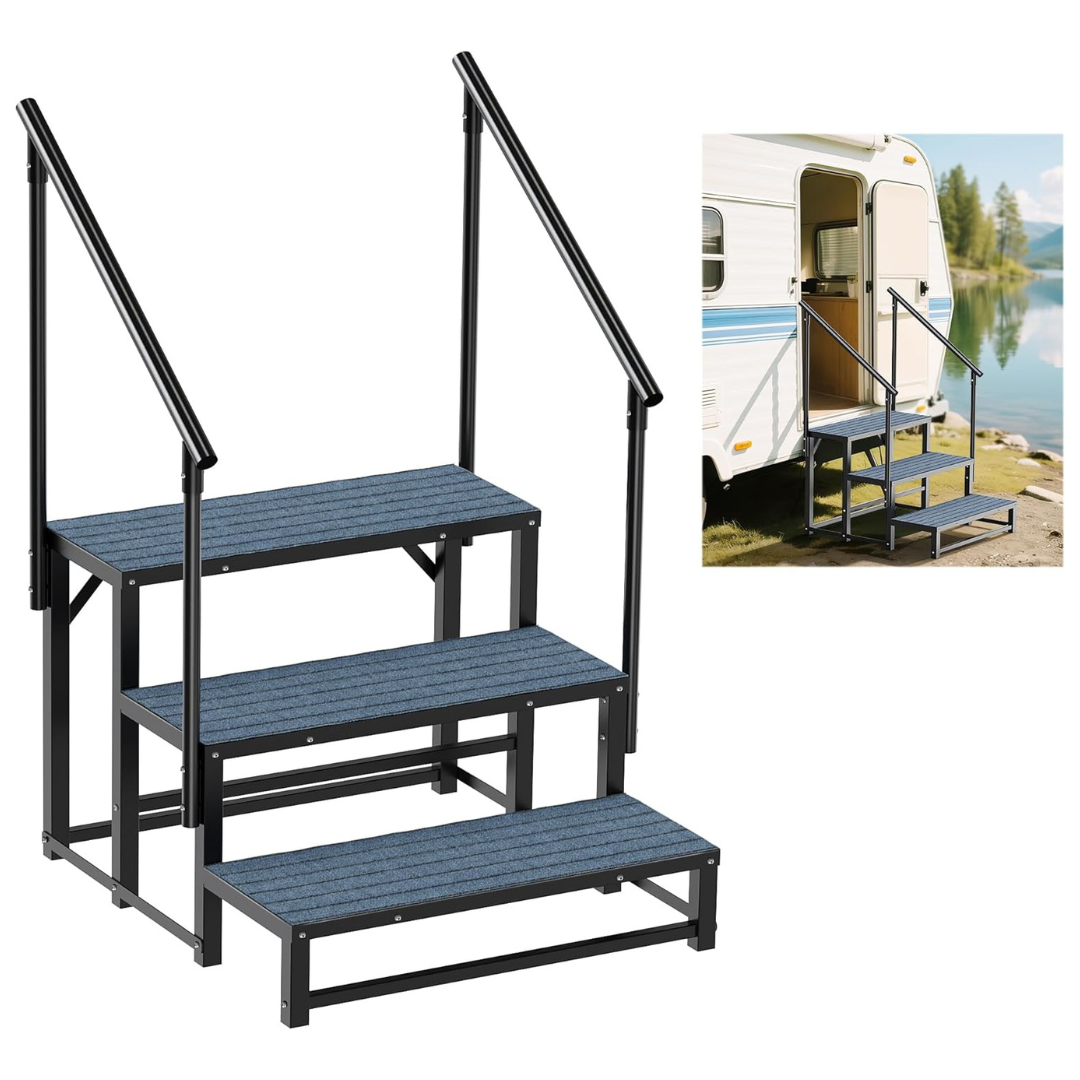 3-Step Portable Heavy Duty Non-Slip RV Steps with 2 Handrail
