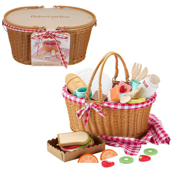 31-Piece Fisher Price Wooden Picnic Basket and Food Pretend Play Set