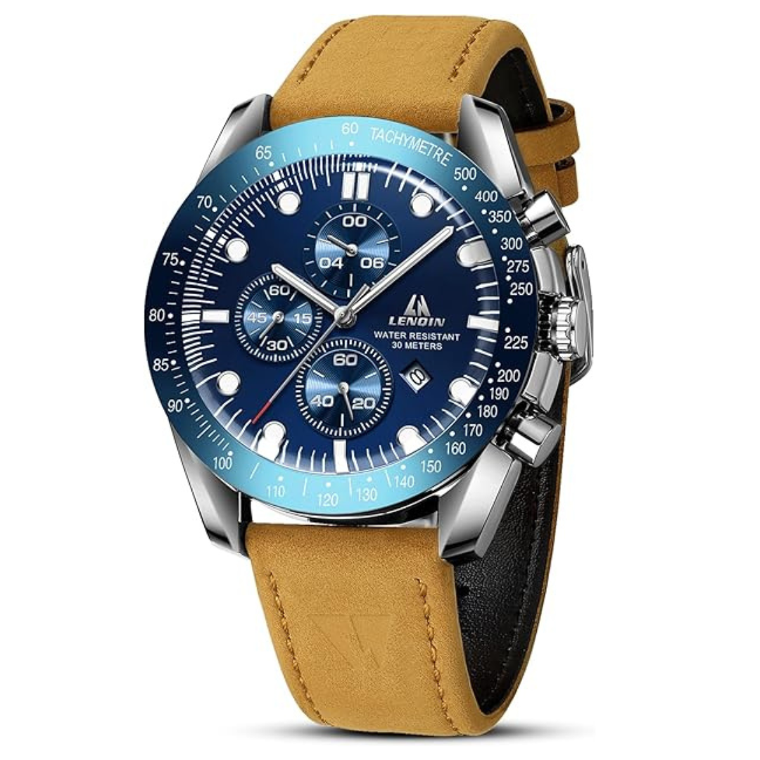 Men's Waterproof Analog Quartz Watch w/ Leather Strap