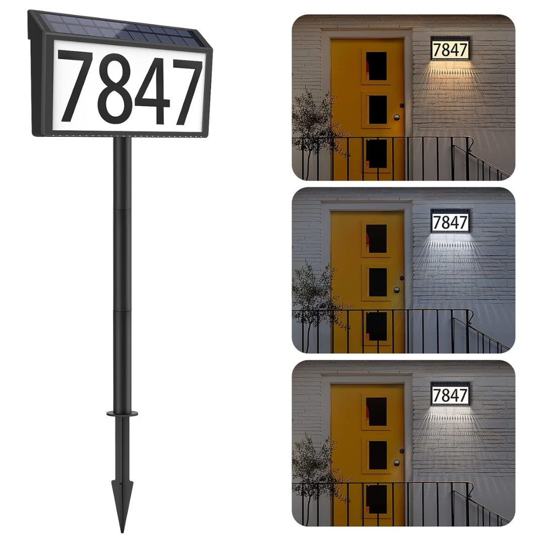 MAXvolador LED Illuminated Solar Powered Waterproof Address Sign, 3-Color Lighting Modes (Dual Installation Ways: Hung On The Wall Or Inserted Into The Ground)
