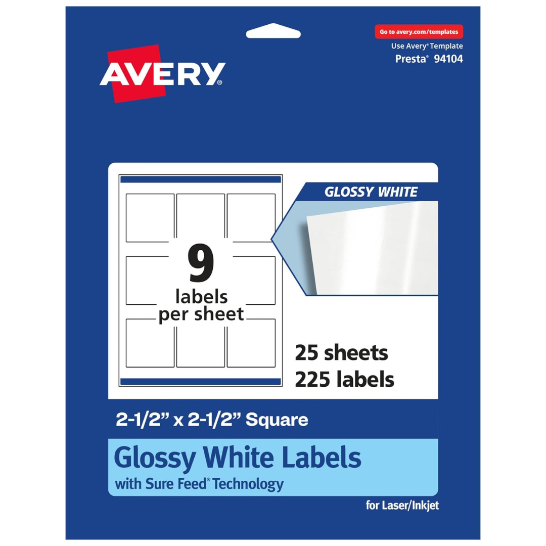 Avery Glossy 2.5″ x 2.5″ White Square Labels (225 Glossy White Labels)